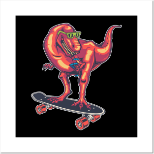 Skateboarder Dinosaur Red Funny Skater Skate Posters and Art